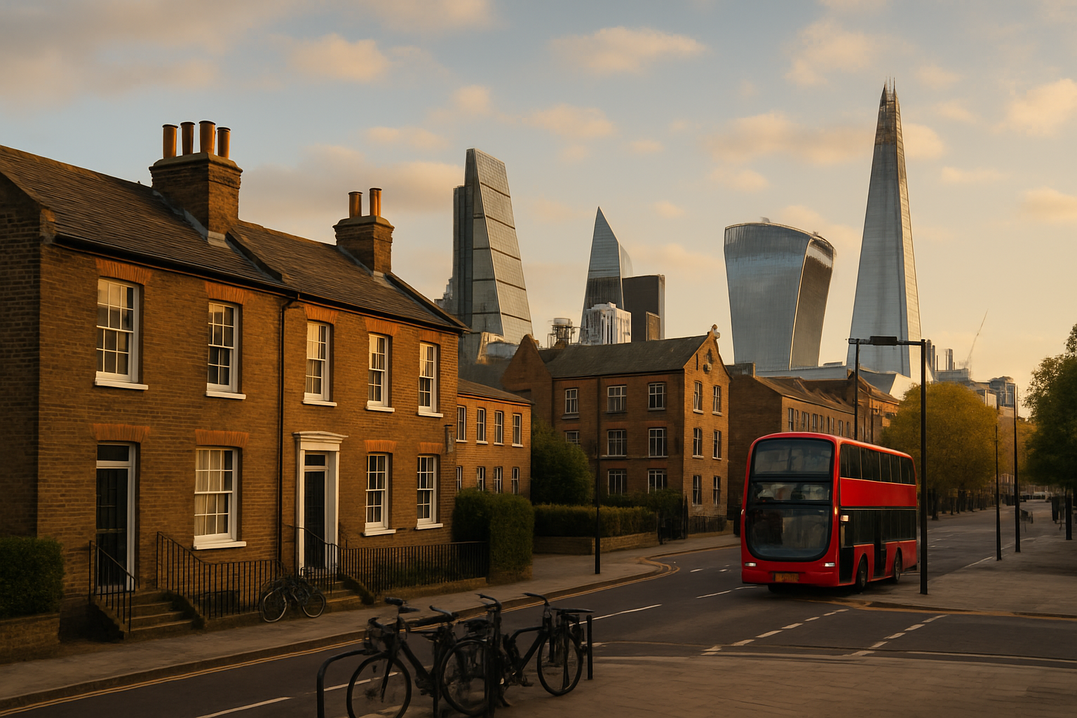London street with terraced houses and red bus