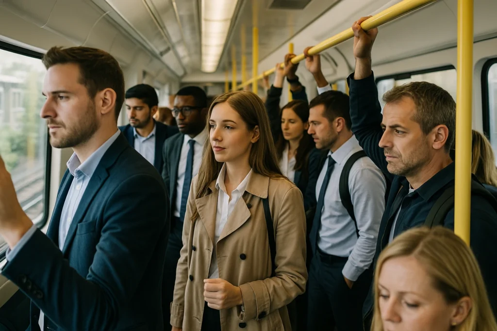 commuters standing on crowded UK morning train