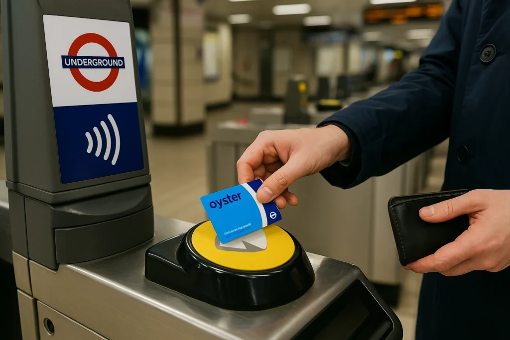 Commuter tapping Oyster card at Tube gate