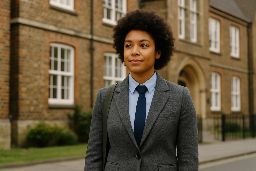 Teacher in smart attire outside UK school