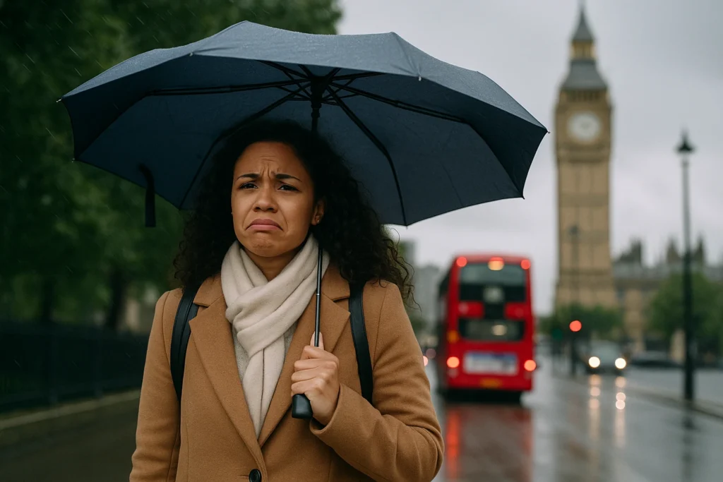 Teacher caught in sudden London rain under umbrella